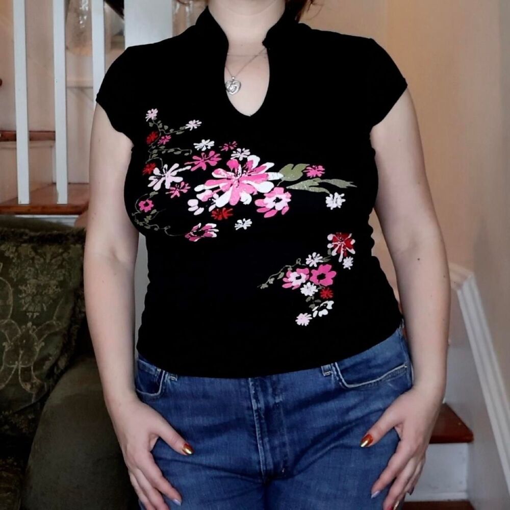 Y2K Self Esteem Mandarin Collar Top Sz Medium Pink Floral Fairycore Whimsigoth